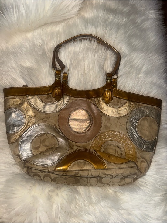 Coach Handbags - Coach Circle Appliqué Signature Tote in Brown and Gold Metallics